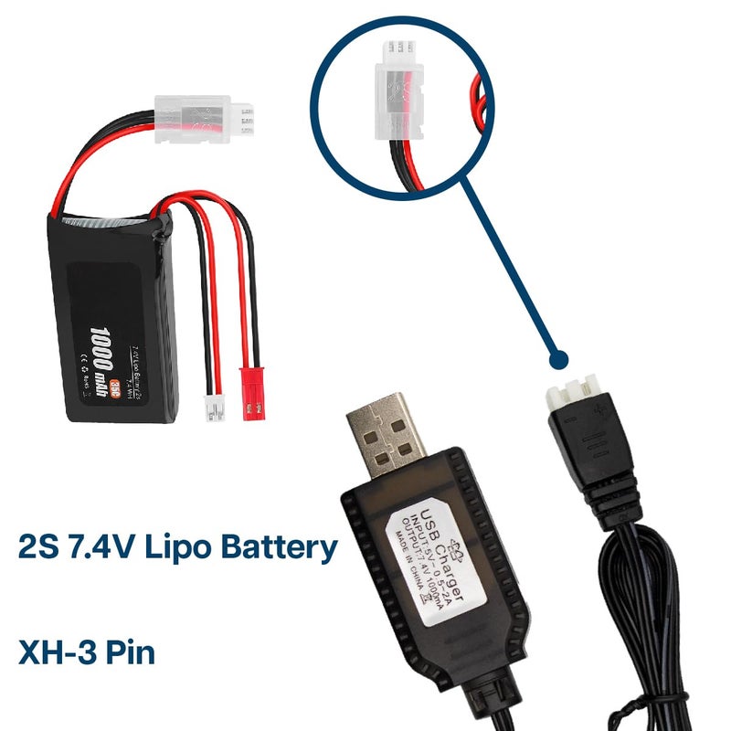 Mmobiel 2X Usb Charger Cable For 7.4V 1A 2S Lipo & Li-Ion Batteries - Usb To Xh-3P Connector For Charging Compatible With Gel Splatter Blaster Toy  Rc Boats  Drones  Skytech  Quadcopters  Wltoys Etc. - Image 4