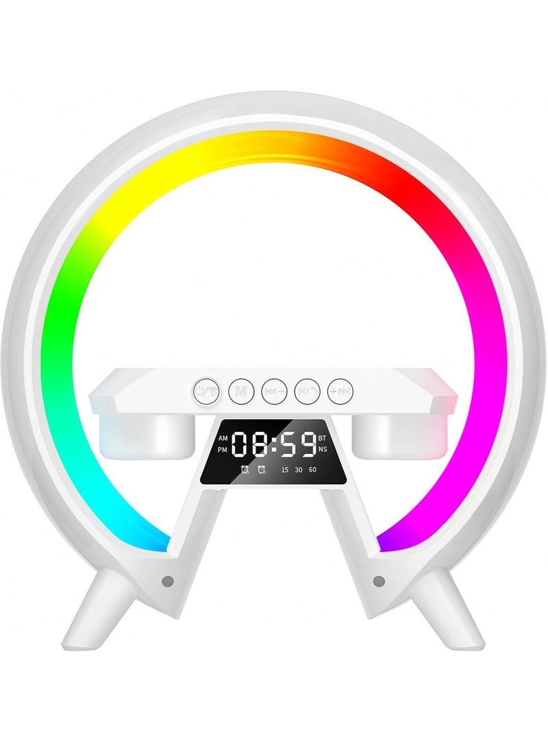 ريبنيو مصباح طاولة مع شاحن لاسلكي، شاحن مكبر صوت بلوتوث للإضاءة المحيطة، مصباح شحن للهاتف شاحن لاسلكي Qi بقدرة 15 وات، أضواء تشغيل مبهرة على شكل g مصباح لاسلكي لإضاءة المزاج/هدايا - Image 1