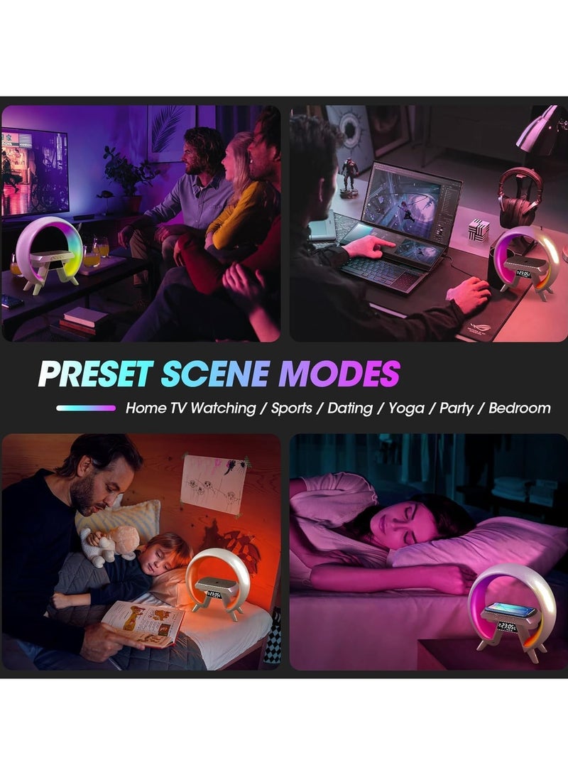 ريبنيو مصباح طاولة مع شاحن لاسلكي، شاحن مكبر صوت بلوتوث للإضاءة المحيطة، مصباح شحن للهاتف شاحن لاسلكي Qi بقدرة 15 وات، أضواء تشغيل مبهرة على شكل g مصباح لاسلكي لإضاءة المزاج/هدايا - Image 3