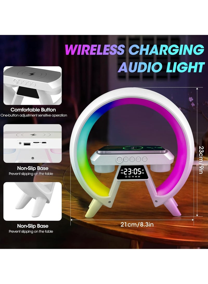 ريبنيو مصباح طاولة مع شاحن لاسلكي، شاحن مكبر صوت بلوتوث للإضاءة المحيطة، مصباح شحن للهاتف شاحن لاسلكي Qi بقدرة 15 وات، أضواء تشغيل مبهرة على شكل g مصباح لاسلكي لإضاءة المزاج/هدايا - Image 5