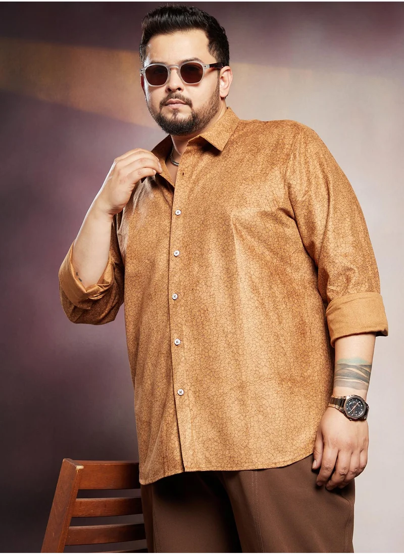 انستافاب بلس Instafab Plus Men's Copper Brown Crevice-Tactile Shirt For Casual Wear | Spread Collar | Long Cuffed Sleeves | Button Closure | Plus Size Shirt Crafted With Comfort Fit For Everyday Wear