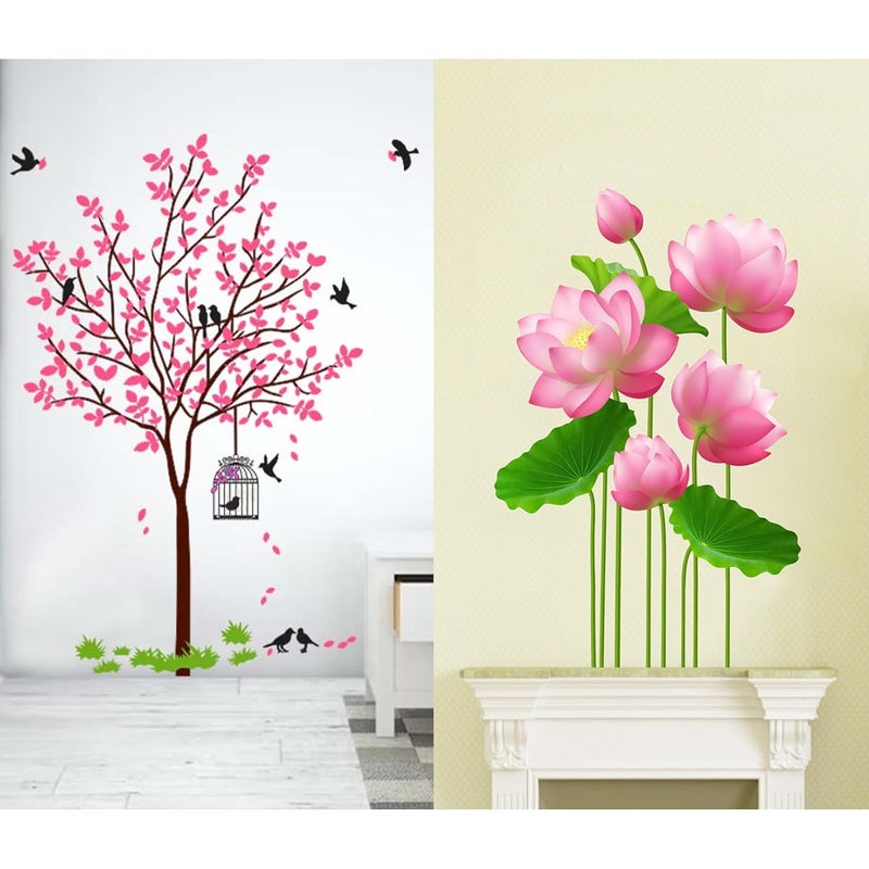 WALLBOOK WALLBOOK Set of 2 Wall Stickers Pink Tree with Bird and Nest Lotus Flowers for Home Hall Bedroom Livingroom Kitchen 
