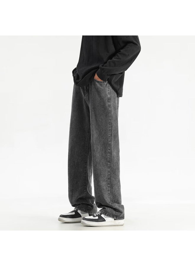 Dingfengbaoluo Men's American Style Washed Denim Jeans Spring Straight Leg Casual Pants Bs05 Black Gray 2XL - Image 1
