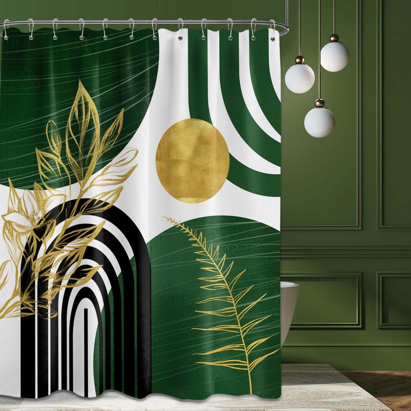 QGHOT Olive Green and Gold Shower Curtain Boho Mid Century Modern Hunter Green Shower Curtains for Bathroom Decor Sets, Waterproof Cloth Fabric with Hooks 70x72in - Image 1