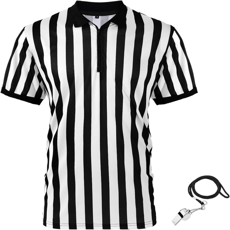 Syhood Referee Shirt Costume Men Women, Whistle Black and White Striped Football Soccer Official Ref Shirt Jersey - Image 1