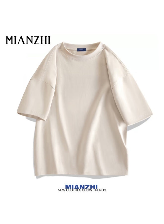Mianzhi National Trend Brand Men's T-shirt, Pure Cotton, Trendy Solid Color, Loose Casual Short Sleeve, Beige, XL - Image 1