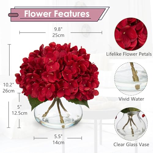 Hollyone Hydrangea Artificial Flowers in Vase Red Silk Fall Fake Flowers Arrangements with Glass Vase with Faux Water Faux Floral Bulk Bouquet for Office Table Centerpiece Shelf Home Decorations - Image 2