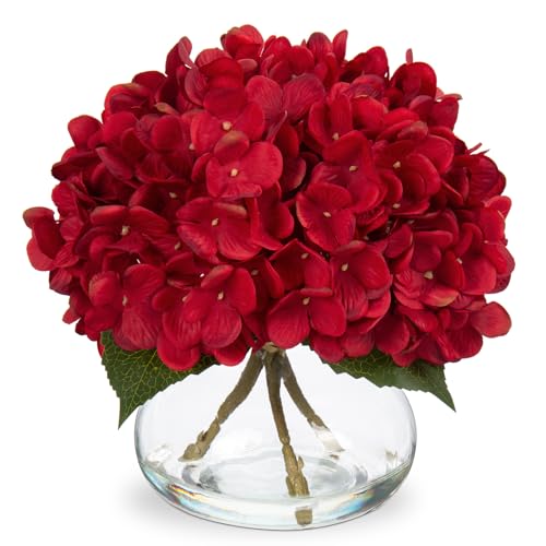 Hollyone Hydrangea Artificial Flowers in Vase Red Silk Fall Fake Flowers Arrangements with Glass Vase with Faux Water Faux Floral Bulk Bouquet for Office Table Centerpiece Shelf Home Decorations - Image 1