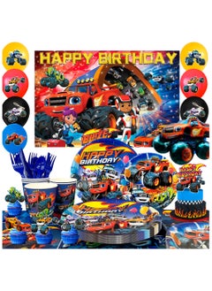 FRUITFUL PARTY 140pcs Blaze Monster Truck Birthday Party Decorations for 16 Guests, Monster Truck Theme Disposable Plates  - Image 1