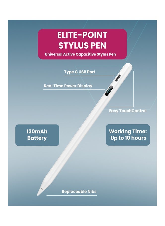 Moxedo Moxedo Elite-Point Universal Active Capacitive Stylus Pen Type-C Charging Port with Replaceable Nib Digital Battery Display Compatible for iOS, Android Touch Screen Devices and Tablet -White  - Image 5