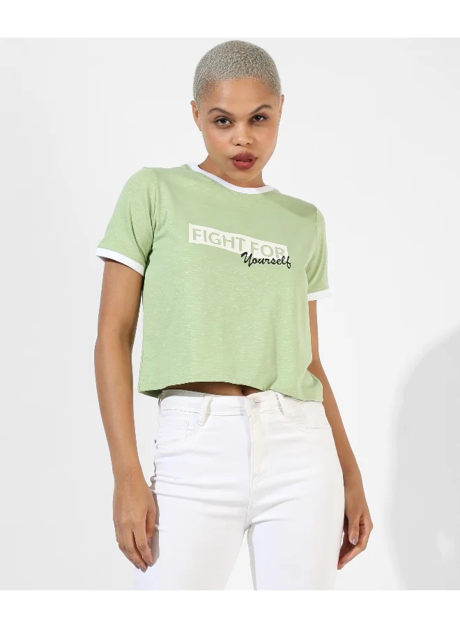 Campus Sutra Women's Green Printed Regular Fit Top