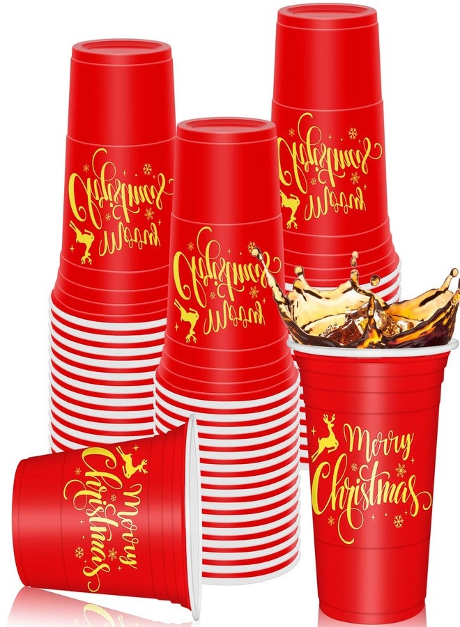 Whaline 50Pcs Merry Christmas Plastic Cups 16oz Red Gold Snowflake Deer Design Disposable Cups Decorative Xmas Party Cups for Hot Cold Drinks Coffee Juice Beer Candy Snacks - Image 1