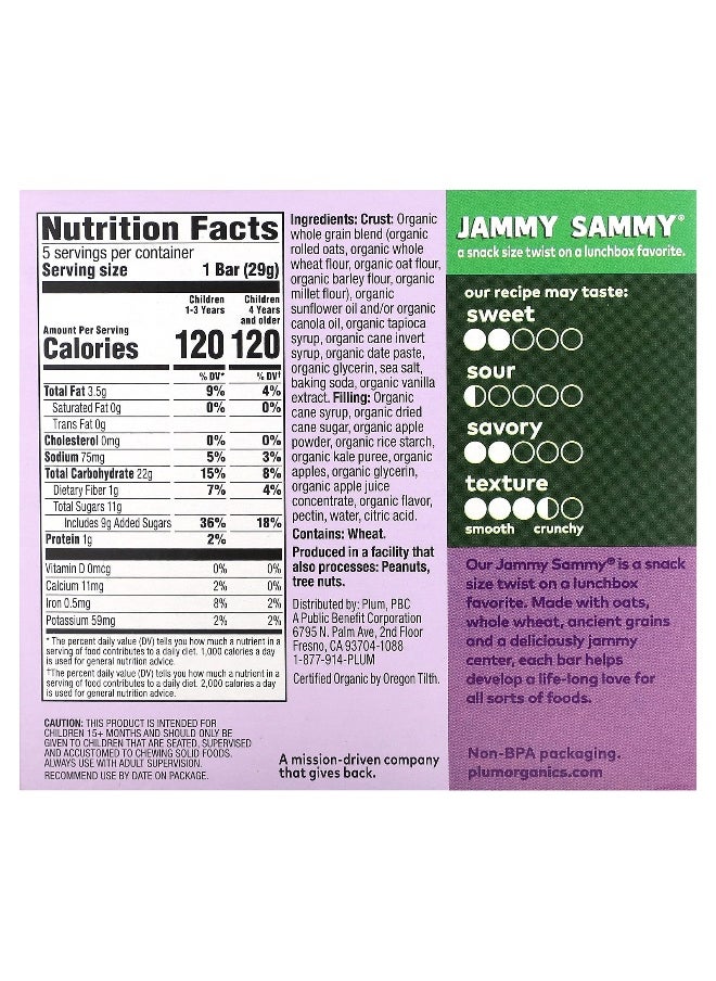 Plum Organics Plum Organics, Jammy Sammy, Snack Size Sandwich Bar, 15 Months and Up, Apple, Kale + Oatmeal, 5 Bars, 1.02 oz (29 g) Each  - Image 2