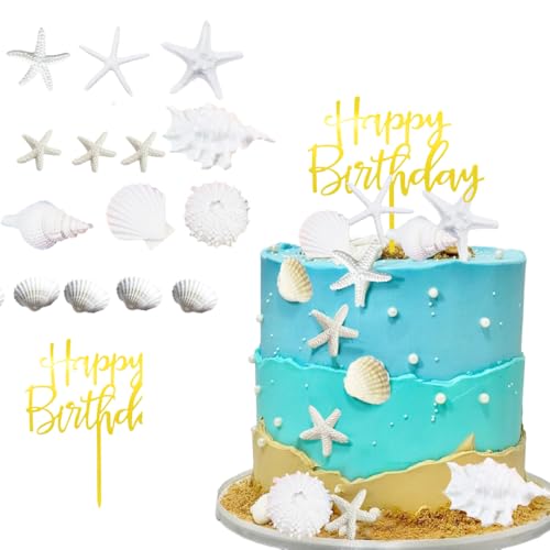 DiDida Beach Cake Topper Sea Shell Starfish Happy Birthday Sign for Ocean Sea Beach Theme Cake - Image 1