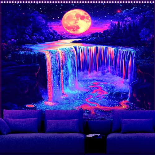 AOHMPT Blacklight Tapestry Landscape Tapestries Hot Springs UVActivated Blacklight Poster Waterfall Tapestry Bridge Valley Statue of Liberty Wall Hanging for Bedroom and Living Room Wall Decoration 59L x 51W - Image 1