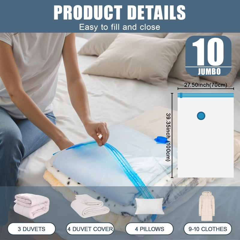 Besslly 10 Jumbo Vacuum Storage Bags, Vacuum Seal Bags for Clothing Space Saver Compression Storage Bag with Hand Pump Extra Large for Clothing Travel Comforters Blankets Pillow Bedding Duvets Clothes - Image 3