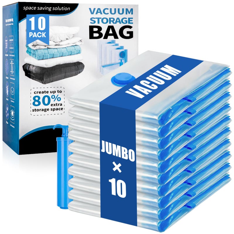 Besslly 10 Jumbo Vacuum Storage Bags, Vacuum Seal Bags for Clothing Space Saver Compression Storage Bag with Hand Pump Extra Large for Clothing Travel Comforters Blankets Pillow Bedding Duvets Clothes - Image 1