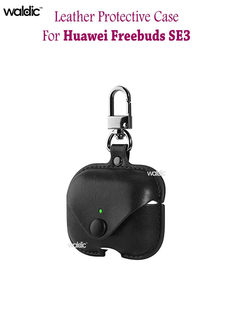 Waldic Huawei Freebuds SE 3 Premium Leather Protective Case Cover For Huawei Freebuds SE 3 (Front LED Visible) | Shockproof Full-Body Protective Case Cover for Huawei Freebuds SE 3 with Keychain (Airpods Not Included)-Black - Image 1