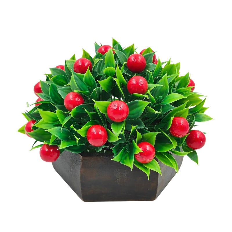 fancymart Artificial Fruit Cherry in Wood Hexagon Pot - 15cm Height - Home & Office Decor Elegant Potted Plant for Tabletop Enhancement - Image 1