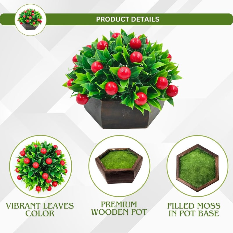 fancymart Artificial Fruit Cherry in Wood Hexagon Pot - 15cm Height - Home & Office Decor Elegant Potted Plant for Tabletop Enhancement - Image 3