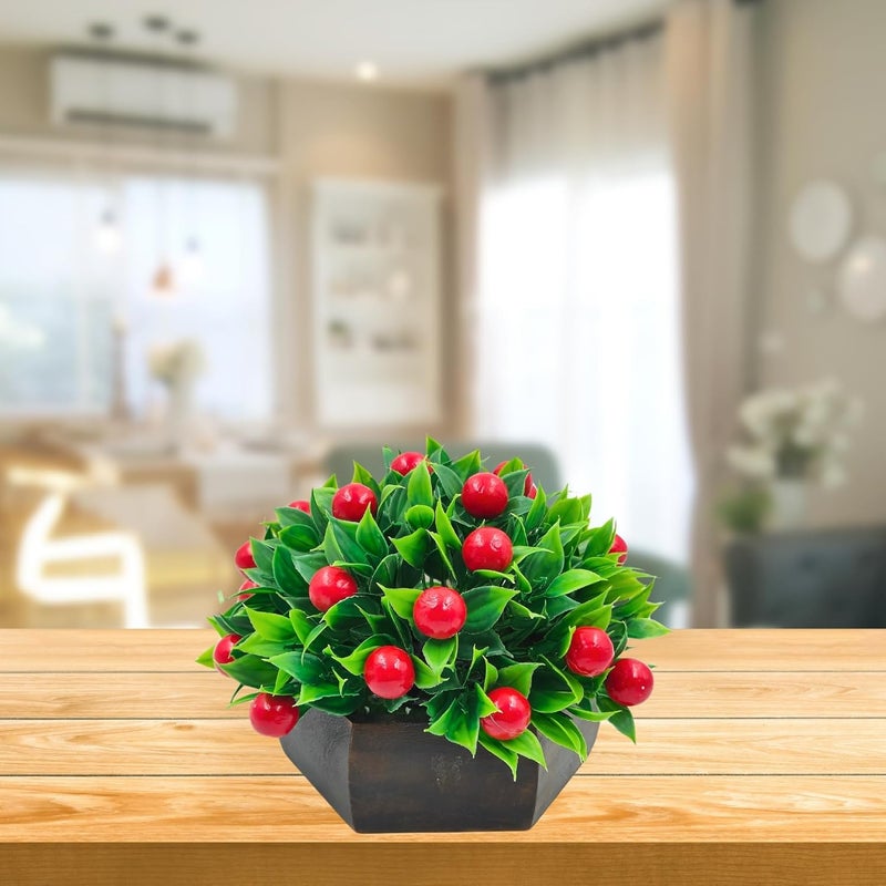 fancymart Artificial Fruit Cherry in Wood Hexagon Pot - 15cm Height - Home & Office Decor Elegant Potted Plant for Tabletop Enhancement - Image 2