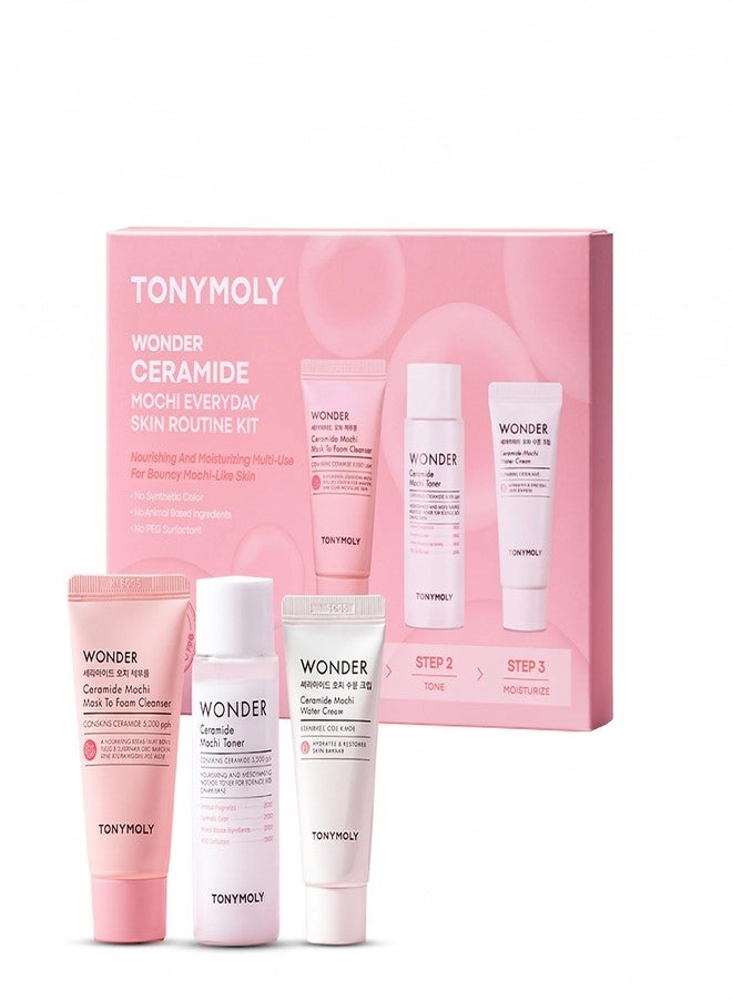 TONYMOLY Wonder Ceramide Mochi Everyday Skin Routine Kit - 3-Piece Mini Korean Skincare Gift Set with Mask-to-Foam Cleanser, Milky Toner & Water Cream - Travel Size Barrier Repair Routine for Dry, Sensitive Skin - Image 1