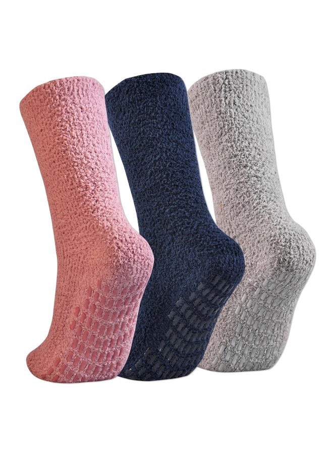 Jormatt 3 Pairs Ultra Thick Fuzzy Grip Socks Non Skid Slipper Hospital Socks Unisex, 3 Pairs,pink+grey+navy, Shoe Size: men 4-7/women 4.5-8.5 - Image 1