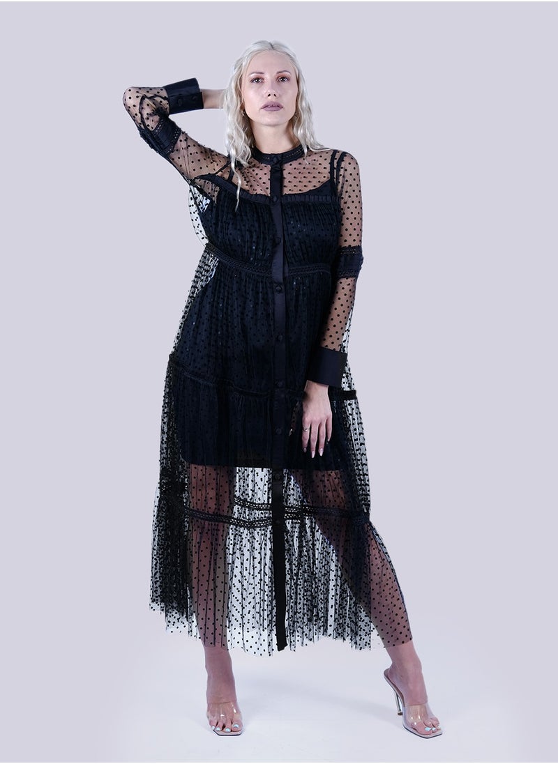 NIVA FASHION HOUSE Boho Chic - Black Long Sleeve Midi Dress  - Image 1