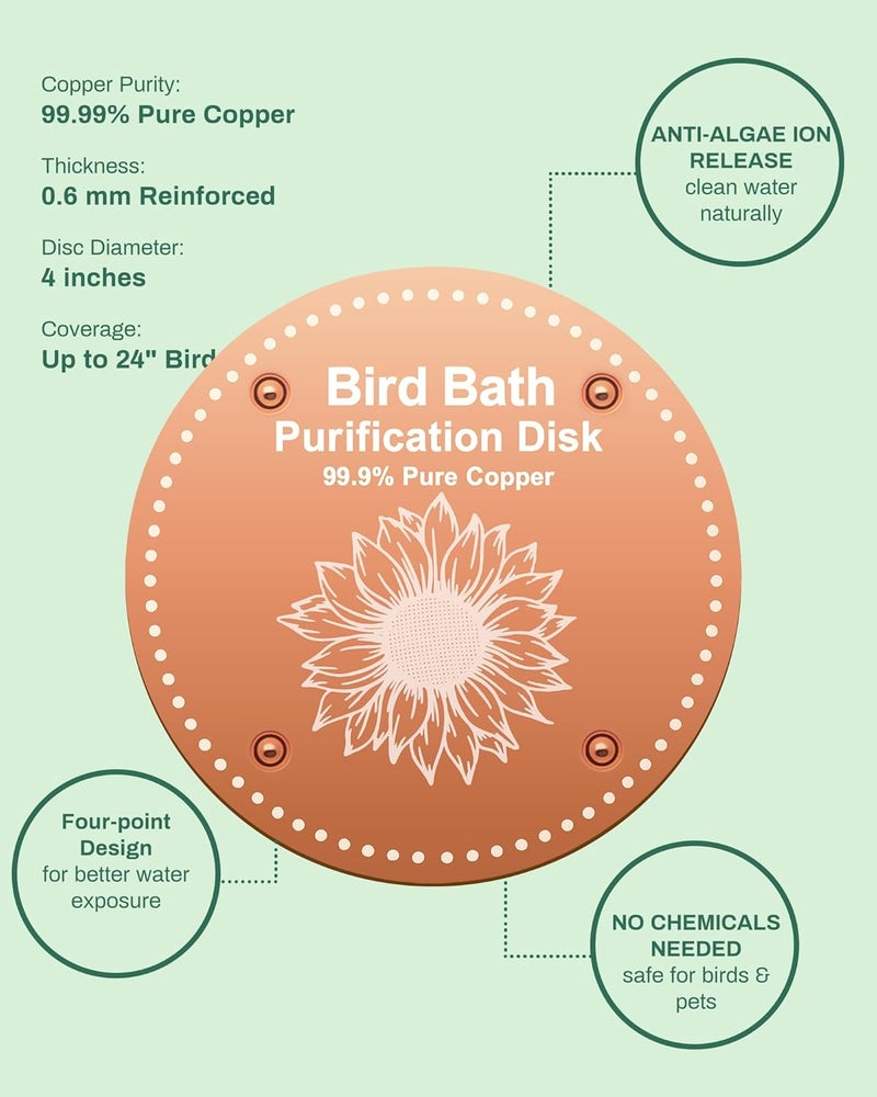 OICEME Bird Bath Purification Disk Pure Copper Outside Birdbath Outdoor Hummingbird Bee Water Fountain Solar Power Window Feeder Stand Nectar Food Pole House Hanging Birdhouse Small Large Accessories - Image 5