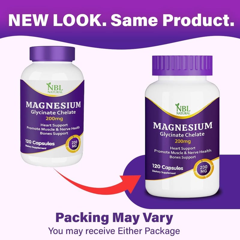 NBL NATURAL Magnesium Glycinate Chelate 200mg - Dietary Supplement for Muscle, Heart, Nerve, and Bone Support - 120 Capsules - Image 2