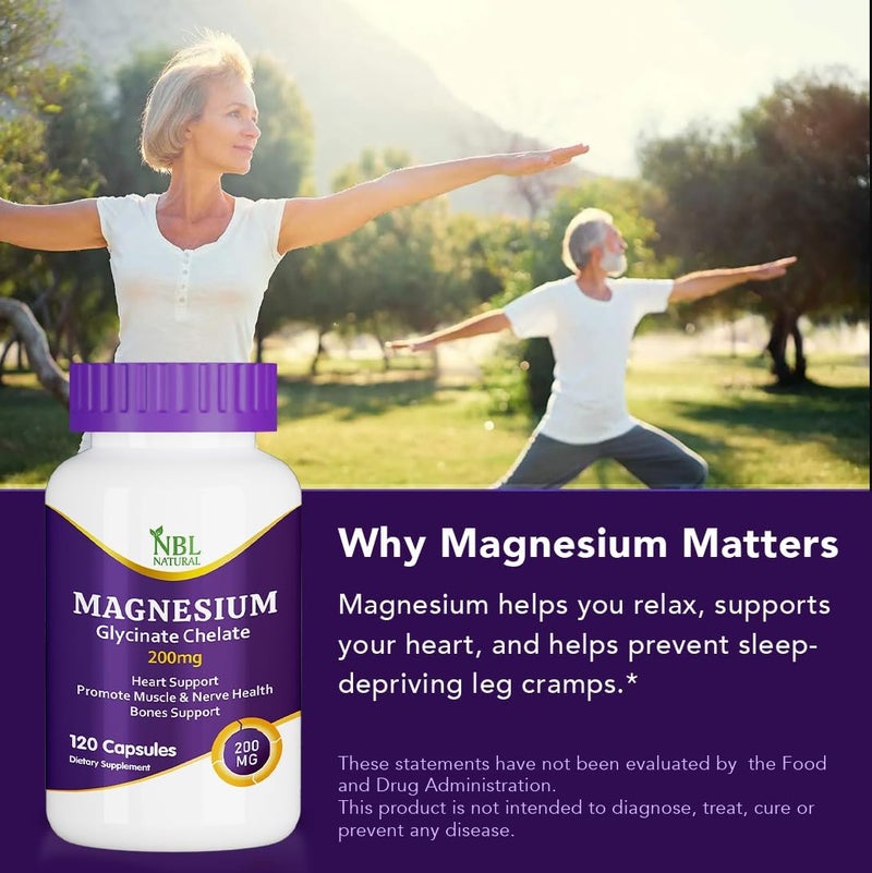 NBL NATURAL Magnesium Glycinate Chelate 200mg - Dietary Supplement for Muscle, Heart, Nerve, and Bone Support - 120 Capsules - Image 5