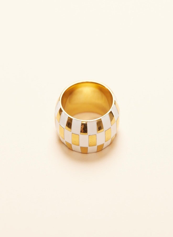 Shapes Studio 18K Gold Plated Titanium White Checker Band Ring. Vintage Styled Women Checkered Ring, Stackable Ring (8) - Image 5