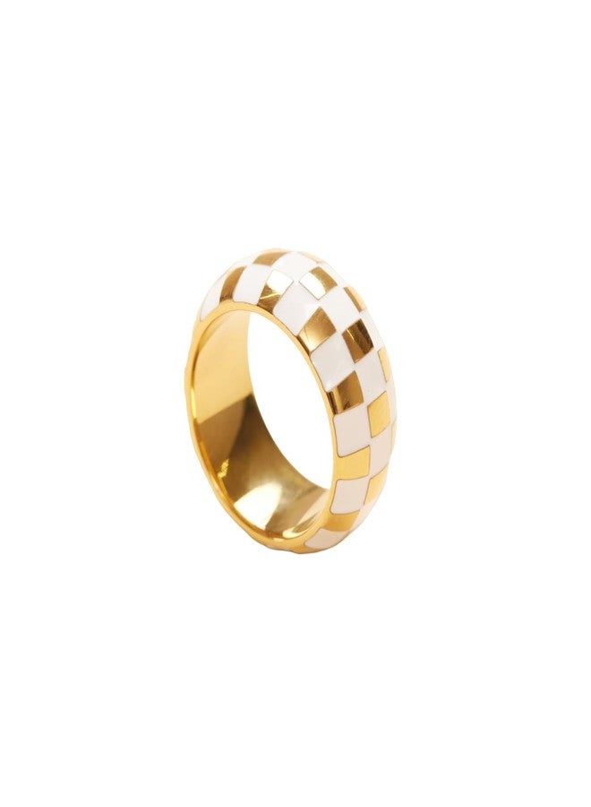 Shapes Studio 18K Gold Plated Titanium White Checker Band Ring. Vintage Styled Women Checkered Ring, Stackable Ring (8) - Image 1