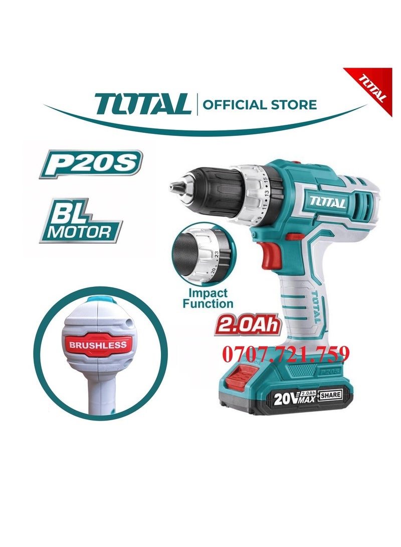 TOTAL Lithium-Ion compact brushless impact drill 20V / 2Ah / 60Nm BL Motor TIDLI20602 - Image 3