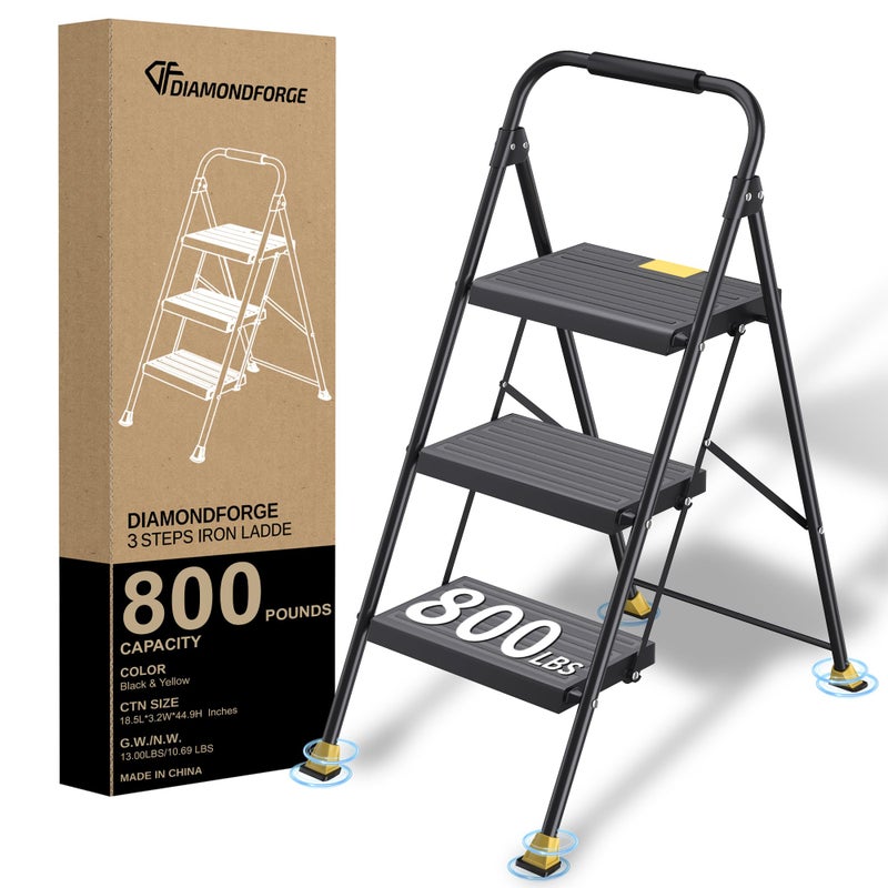 DIAMONDFORGE Step Ladder Foldable Folding Stool - for Home Adults Kitchen 3 Stepping Extension Tall Heavy Duty with Handrails - Closet Stepstool Stair Ladders Extendable Stepladder for Indoor House 800Lbs - Image 1