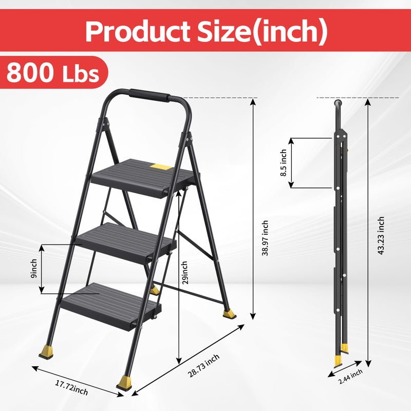 DIAMONDFORGE Step Ladder Foldable Folding Stool - for Home Adults Kitchen 3 Stepping Extension Tall Heavy Duty with Handrails - Closet Stepstool Stair Ladders Extendable Stepladder for Indoor House 800Lbs - Image 5