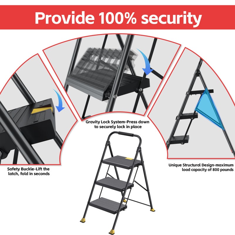 DIAMONDFORGE Step Ladder Foldable Folding Stool - for Home Adults Kitchen 3 Stepping Extension Tall Heavy Duty with Handrails - Closet Stepstool Stair Ladders Extendable Stepladder for Indoor House 800Lbs - Image 4