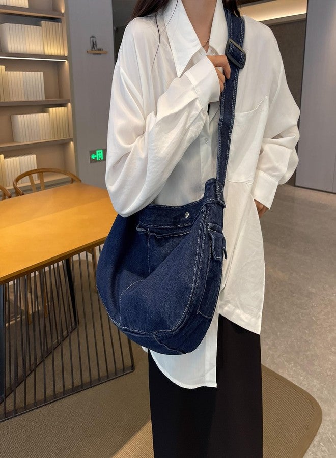 Youjaree Denim Messenger Bag Large Hobo Crossbody Bag Casual Shoulder Handbag Jean Tote Bag for Women and Men (Dark Blue) - Image 2