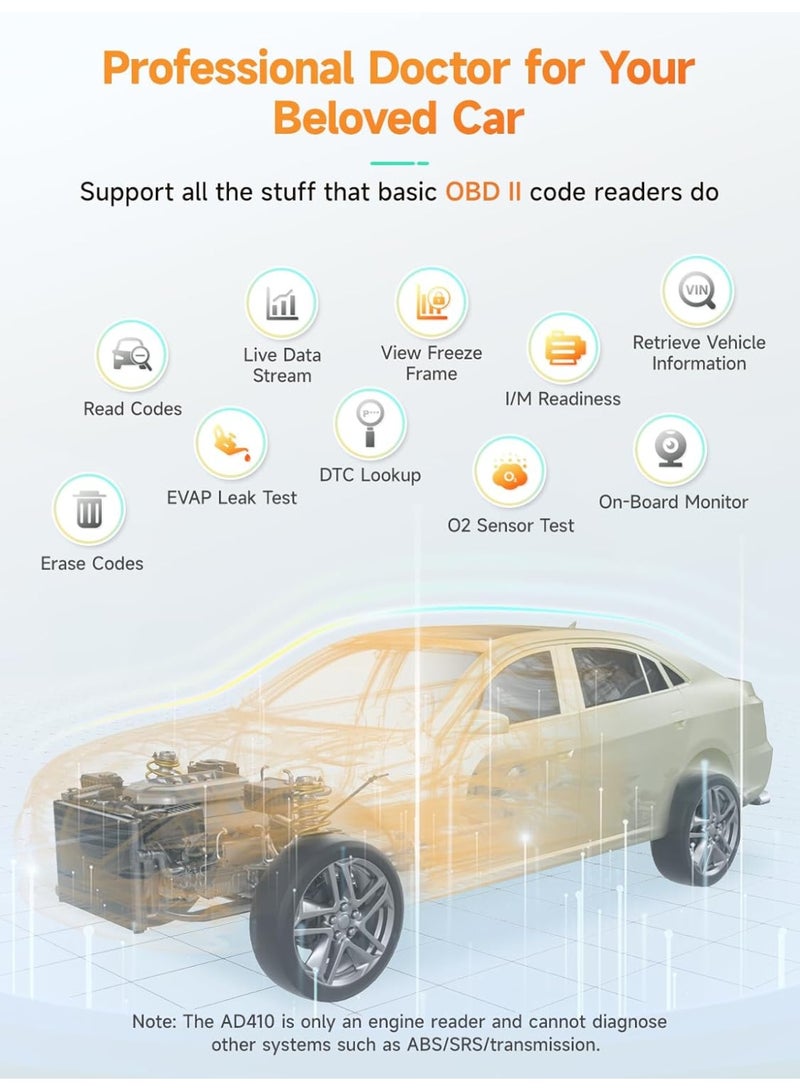 Ancel ANCEL AD410 Enhanced OBD2 Scanner, Car Code Reader Clear Engine Light Instantly, Automotive OBD II Scanner Fault Diagnosis, Universal Scan Tool for All OBDII Vehicles 1996+, Black/Yellow - Image 2