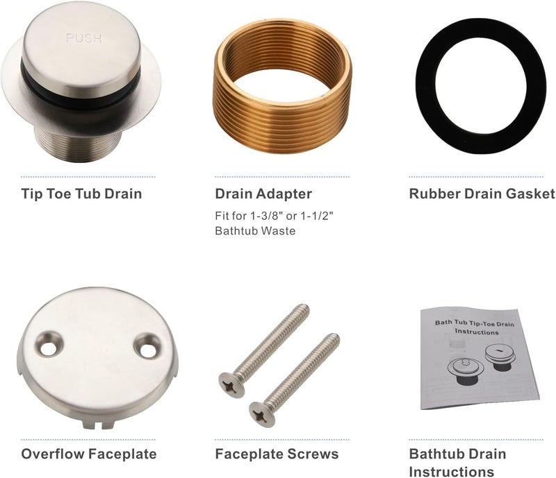 HIDROP Brushed Nickel Tub Drain Tip-Toe Tub Trim Set Conversion Kit Assembly, Bathtub Drain Replacement Trim Kit with 2-Hole Overflow Faceplate and Universal Fine/Coarse Thread, Brushed Nickel - Image 5