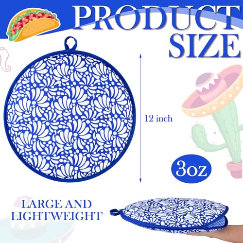 Honeydak 2 Pcs 12 Inch Tortilla Warmer Pouch Microwavable Insulated Cloth Pouch Blue Talavera Mexican Tortillero Fabric Tortilla Keeper Taco Holder for Tortillas Tacos Naan Pizza Rolls - Image 3