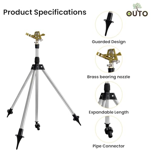 OUTO Impulse Garden Sprinkler with Stainless Steel Extendable Tripod Stand Large Area Coverage Adjustable Water Pressure Sprayer for Watering Plants Outdoor Lawn Yard Irrigation System - Image 4