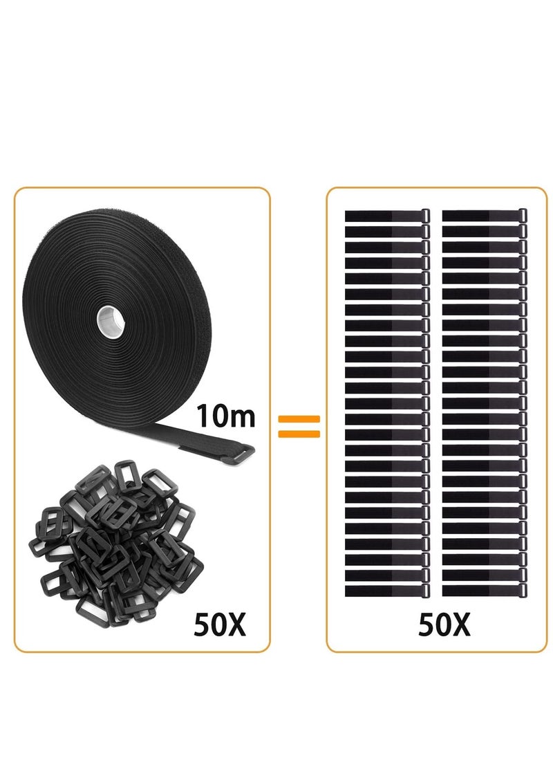 SYOSI Adjustable Cable Straps with 50 Buckles Free Cut Length Black Reusable Fastening Cable Ties Hook and Loop Securing Strap for Cable Tidy Wire Management Cord Organizer