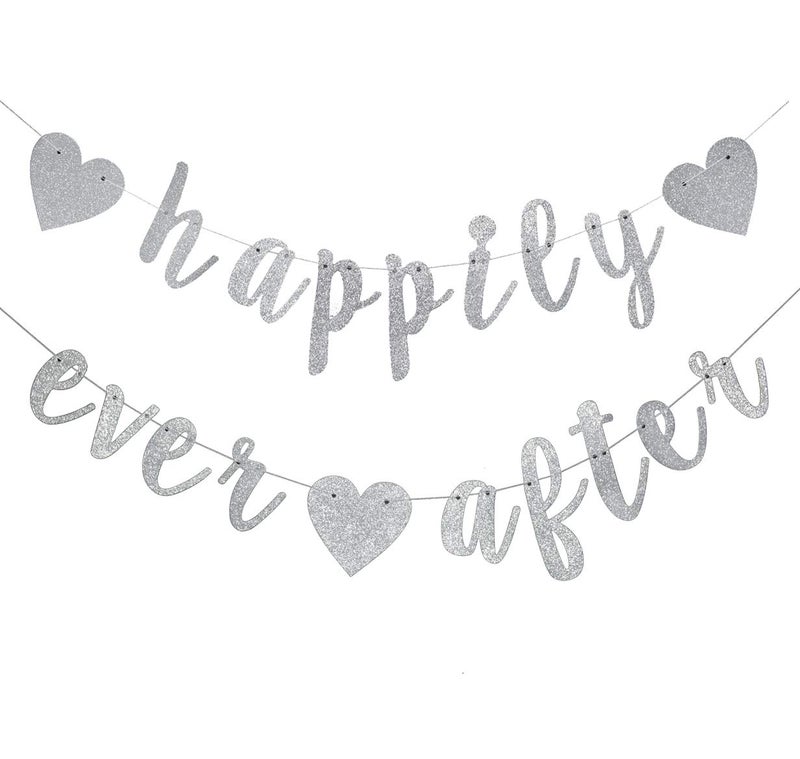 Happily Ever After Silver Glitter Bunting Banner Engagement Bridal Shower Wedding Party Photo Booth Props SignsPreStrung Cursive Bunting
