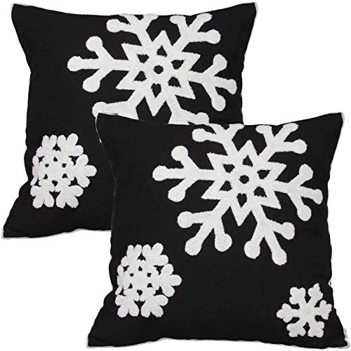 Elife Soft Square Christmas Snowflake Home Decorative Canvas Cotton Embroidery Throw Pillow Covers 18x18 Cushion Covers Pillowcases for Sofa Bed Chair 1 Pair Black - Image 1