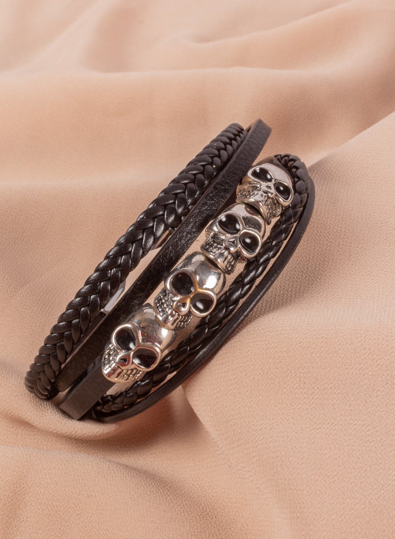 The Black Pearl Accessories Stainless Steel & Leather Multi Layered Black Silver Bracelet For Him Skulls - Image 1