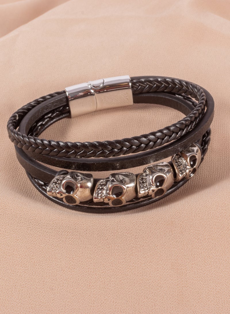The Black Pearl Accessories Stainless Steel & Leather Multi Layered Black Silver Bracelet For Him Skulls - Image 2