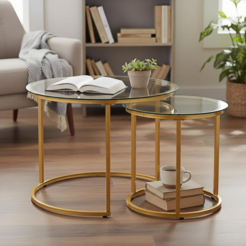 Cuizehua Round Nesting Coffee Table Set of 2, Modern Glass Nesting Tables, Stacking Minimalist End Table for Living Room Bedroom Small Space, Clear Tempered Glass and Gold - Image 1