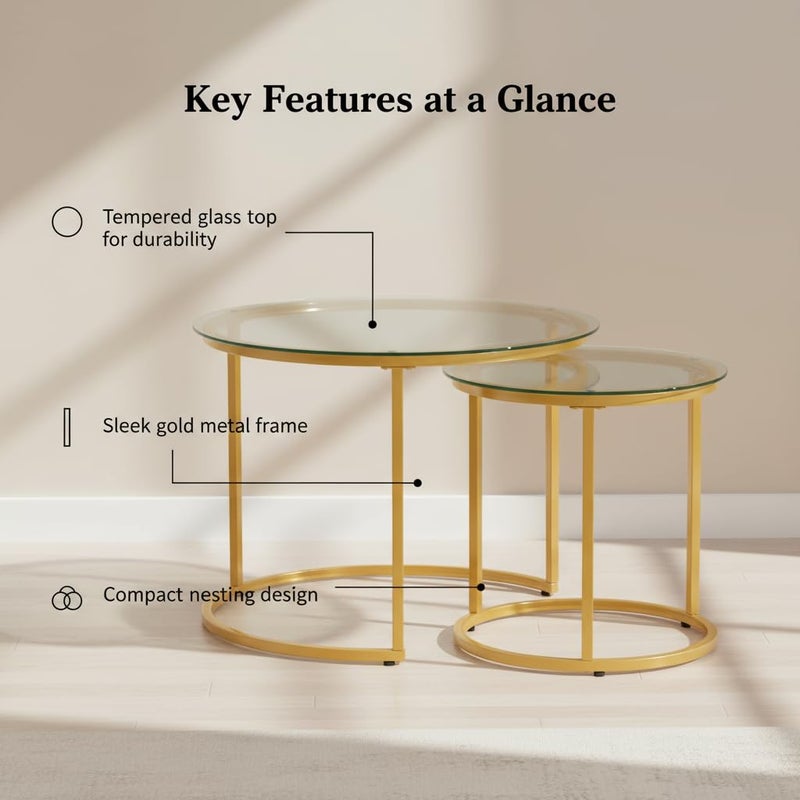 Cuizehua Round Nesting Coffee Table Set of 2, Modern Glass Nesting Tables, Stacking Minimalist End Table for Living Room Bedroom Small Space, Clear Tempered Glass and Gold - Image 5