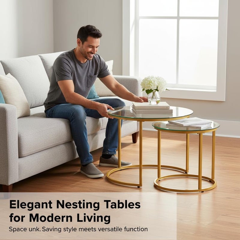 Cuizehua Round Nesting Coffee Table Set of 2, Modern Glass Nesting Tables, Stacking Minimalist End Table for Living Room Bedroom Small Space, Clear Tempered Glass and Gold - Image 2